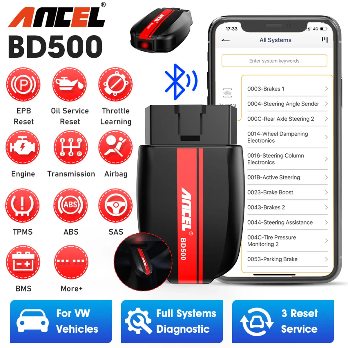 ANCEL BD500 Bluetooth OBD2 Scan Tool Code Readers & Scanners for VW, Audi, Seat, Skoda, Lamborghini - Full-System Bluetooth OBD2 Tester, Car Battery Tester, EPB Reset Tool Compatible with iPhone, iPad, Android (Spanish, Italian Support)