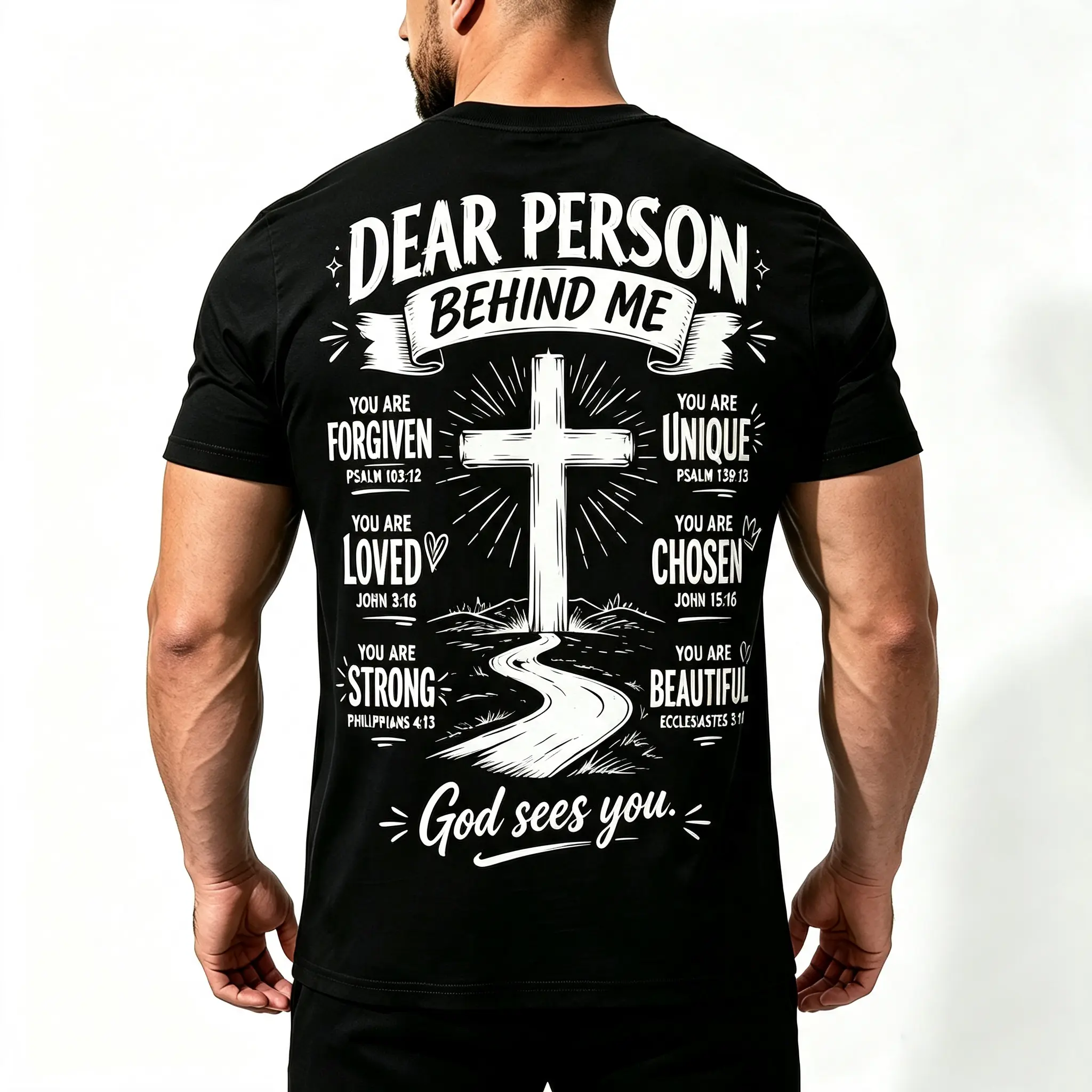 Men's 100% Cotton Short-Sleeve Breathable Graphic Tee, Dear Person Behind Me Cross Bible Verse Print, Christian Faith Streetwear Religious Gift, Prints