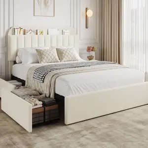 【GARVEE】Full Bed Frame with Storage Headboard and 2 Drawers, Boucle Upholstered Platform Bed with Bookcase, No Box Spring Needed, Easy Assembly, Ivory White
