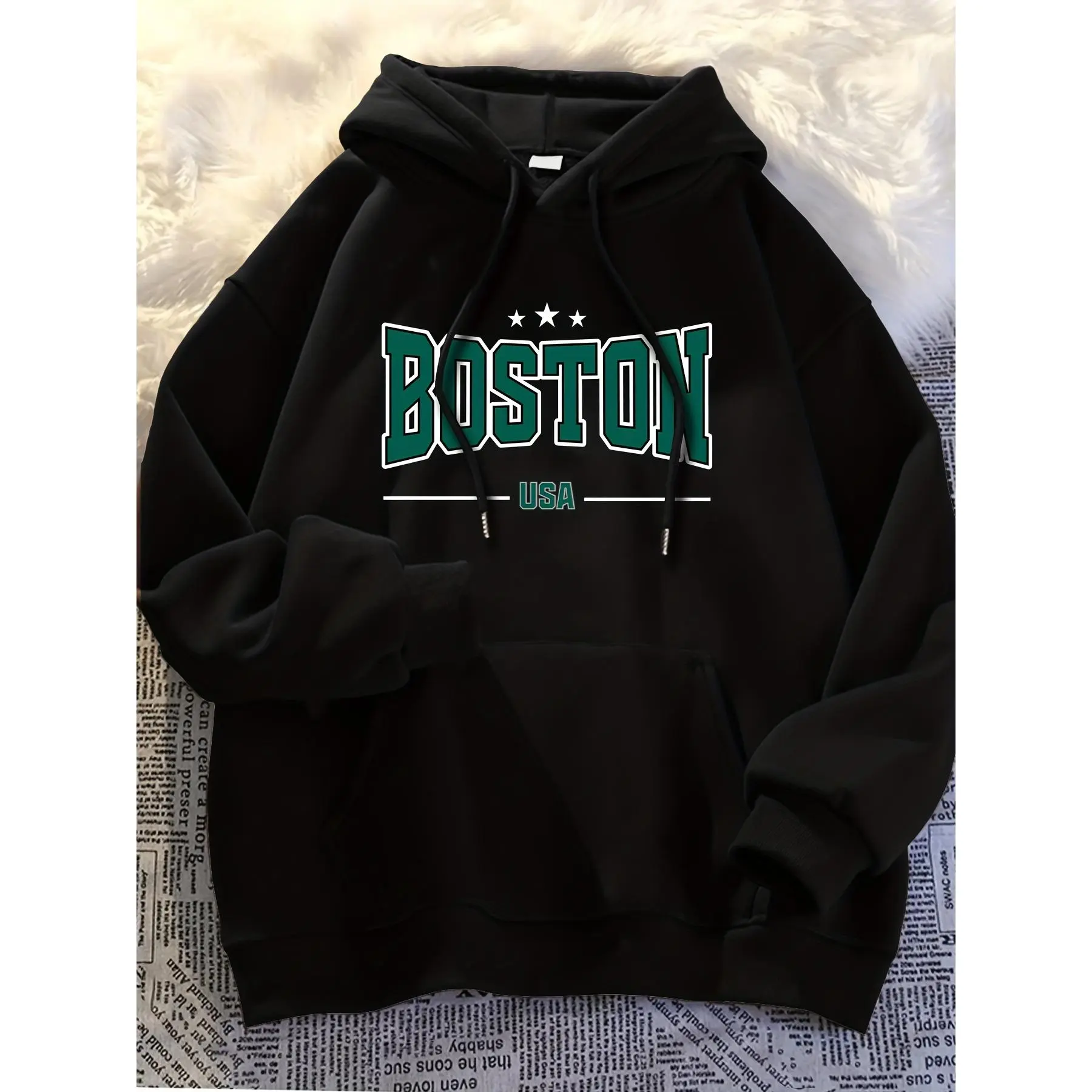 Men's Boston EST 1997 Letters Graphic Knitting Hoodie - Menswear Sweatshirts, Casual Loose Fit Cotton-Polyester Blend Long Sleeve Pullover, Front Pocket, Digital Print, Elastic, Machine Washable, No Dry Clean, Crocheted/Woolen Fabrics