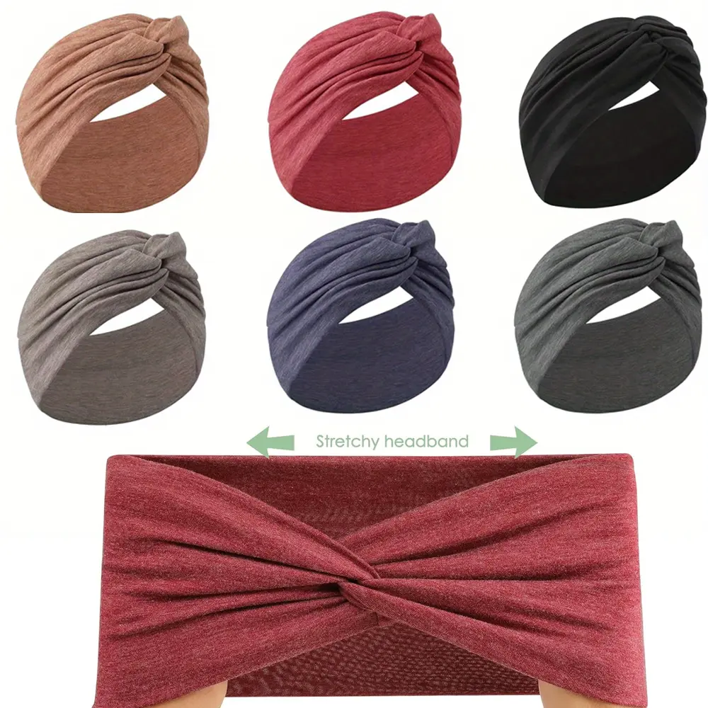 Female 6-Piece Wide Soft Acrylic Elastic Headbands Set - 7" Width x 10" Length, Stretch Fit, Non-Slip Knotted Hair Wraps, Stylish Bohemian Bandanas, Can Be Pulled Up to 17" for Mom, Yoga Use, High Quality Craftsmanship, Perfect Gifts, Hair Securing, Solid