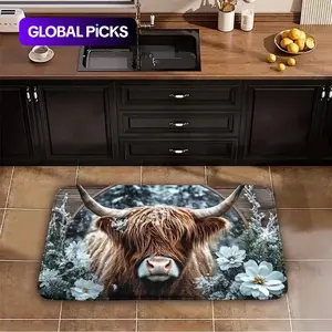 Highland cow & white floral pattern non-slip floor mat Animal Printed Rug. Soft & comfortable, preventing fatigue even after prolonged standing, for bathroom, kitchen, bedroom, living room, office, outdoor doormats, festive decorations #GLOBAL PICKS
