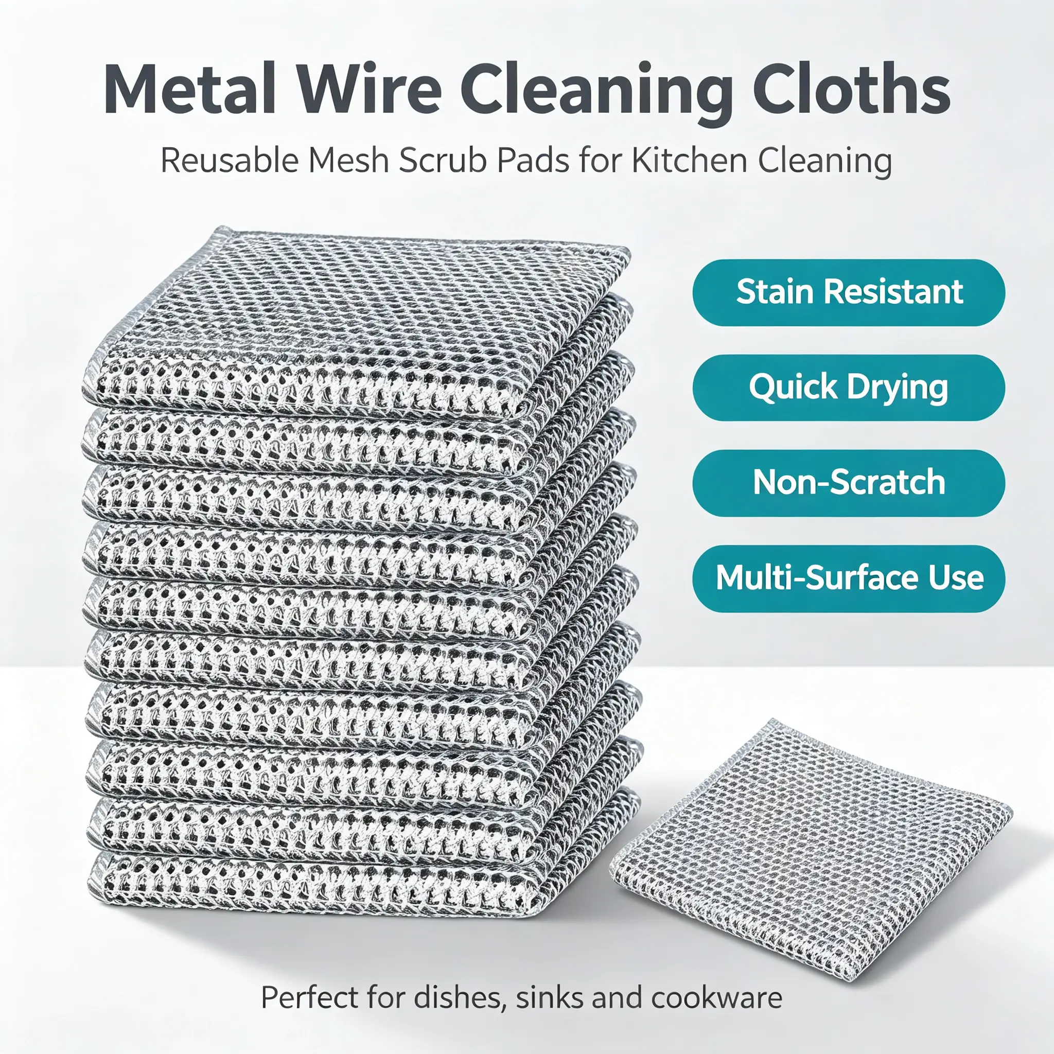 20-Pack Premium Non-Scratch Dish Scrubbers - Heavy-Duty Stainless Steel Cleaning Pads for Pots, Pans, Sinks - Reusable, Machine-Washable, Double-Layer Multi-Use Kitchen Cleaning Tool