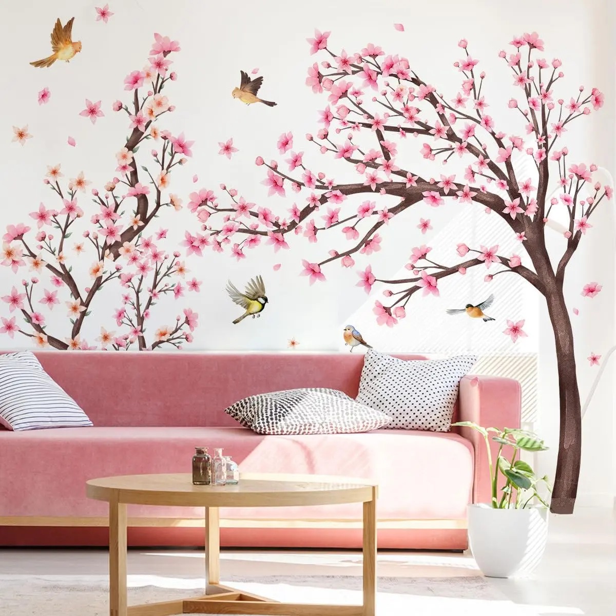 Cherry Blossom Floral Birds Wall  Large Cherry Blossom Tree Branch Wall Stickers for Sofa TV Background Wall Decor Bedroom Living Room 67.32x42.91inch