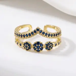 Vintage Blue Zircon Crown Ring, 18K Gold Plated Adjustable Double Layer V-Shape Band, Dainty Statement Jewelry for Daily Wear, Artisan Hand-Set Stacking Ring with Floating Case bracelet men Heart Rate Couples