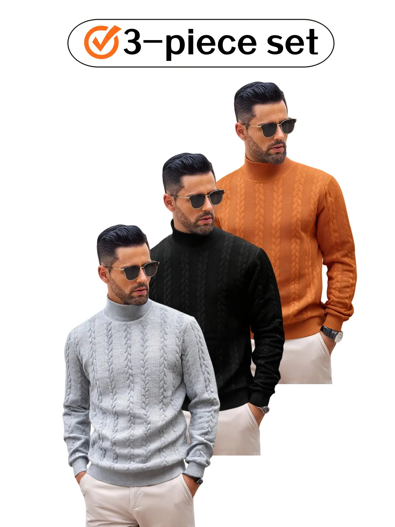 Men's 3-piece high-neck knitted sweater sweatshirt set - Regular style, can be layered, warm long-sleeved pullover sweater, for casual autumn and winter wear, light business style