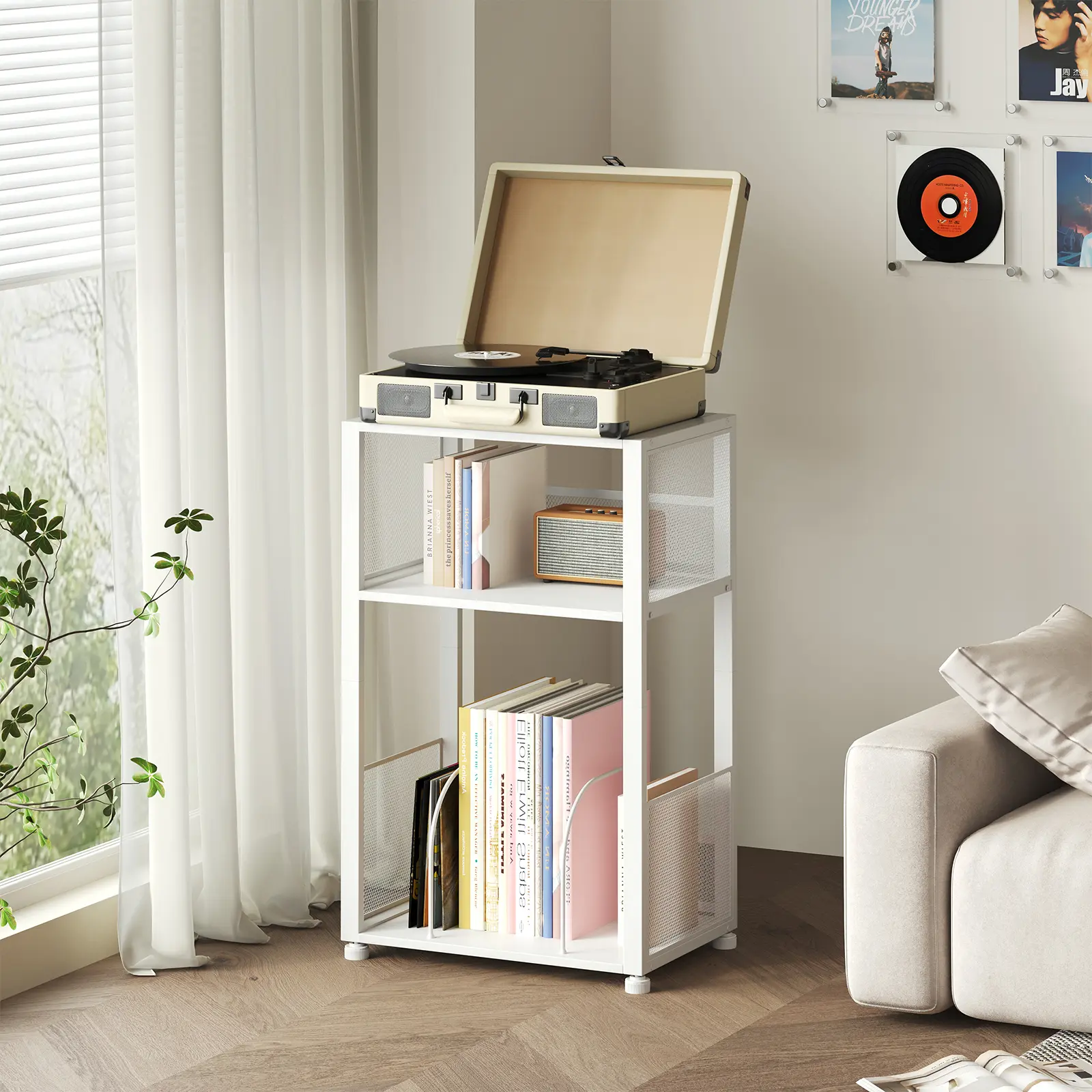 Sweetcrispy Vintage 3-Tier Vinyl Record Player Stand with Album Storage - Industrial Steel Frame Particleboard Home Organizer, Bedside Side Table, Bedroom Side Table, Side Tables Bedroom