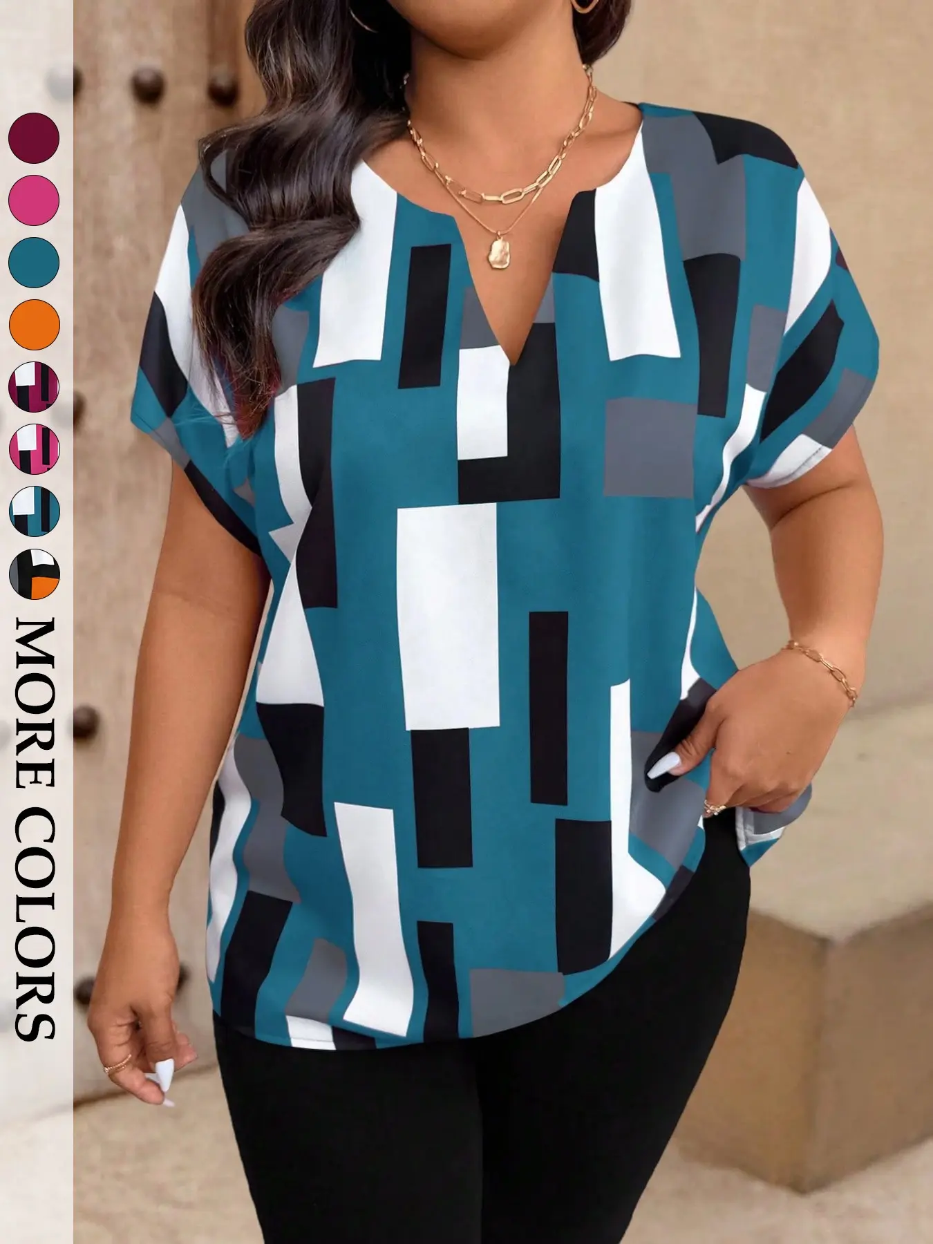Women's Plus Size Geometric Print Blouse, Notched V-Neck Short-Sleeve Top, Casual Loose-Fit Tunic Shirt, Colorblock Business Workwear, Elegant Modest Daily Wear, Spring & Summer Everyday Womenswear, Blouse Shirts