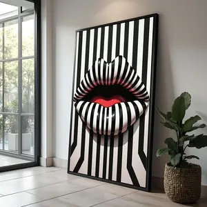 Modern Art, Unique Gift for Fashion Lovers, Abstract Lips Pop Art – Black And White Striped Poster, Bold Wall Decor, Room Decor, Unframed