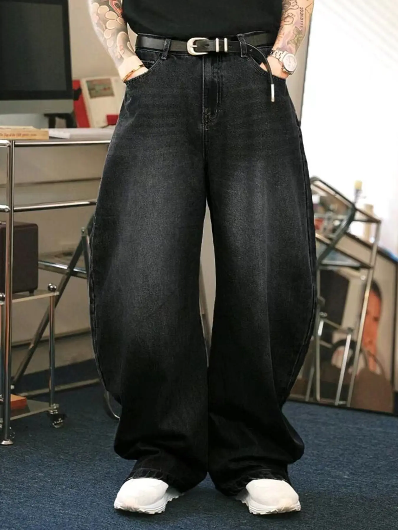 Men's Vintage Loose-Fit Baggy Casual Streetwear Plain Jeans with Pockets, All-Season Fashion, Comfortable Denim Pants for Everyday Wear