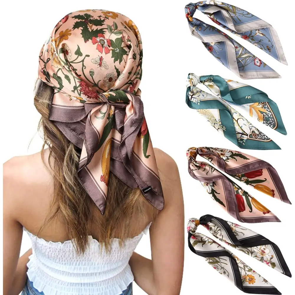 Female 4-Pcs 27-in Silk-Feeling Satin Square Scarf Set - Multi-Use as Hair Bandanas, Hijabs