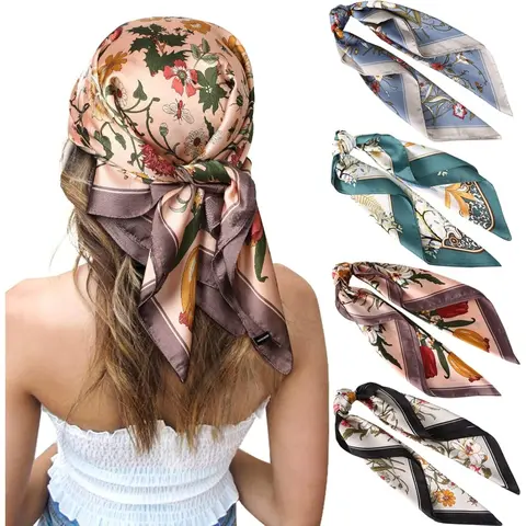 Women's Fashion 4-Pcs 27 In Soft Square Head Hair Scarves Set - Multi-Use as Turban, Hair Bandana, Casual Wear Accessory