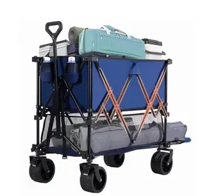 Folding Double Decker Wagon with Brakes, 54" Extra Long Extended Cart, Equipped with 7" All-Terrain Big Wheels for Camping, Sports，Gray