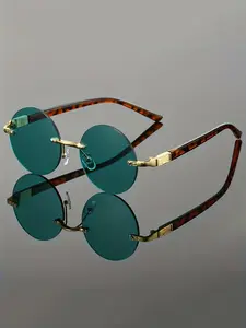 Men's Metal Round Rimless Classic Retro High-Quality Fashion Glasses, Durable PC Lenses for All Seasons, Elegant Decorative Eyewear, Classic Shades