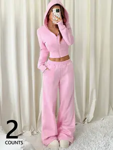 2-Piece Women's Basic Solid Pink Fitted Cozy Lounge Set with Cropped Zip-Up Hooded Coat and Long Pants, Soft Causal Suit, for Casual Comfort, Womenswear