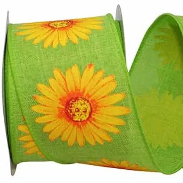 Gerbera Daisy Linen Ribbon --- 2.5" x 10 yards --- Lime / Yellow