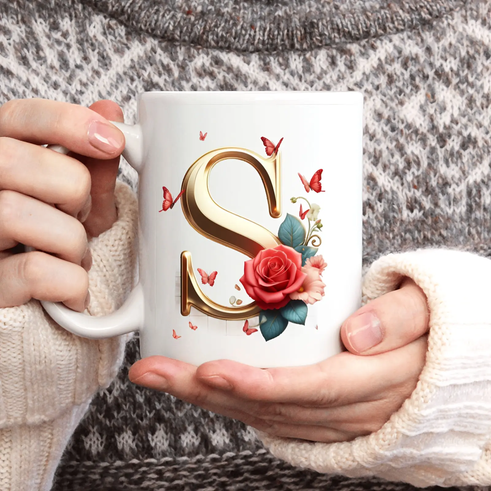 11oz BPA-Free Ceramic Coffee Mug - Ceramic Drinkware Cup for Coffee/Drink, 1pc Alphabet & Floral Design, Microwaveable, Portable Wide Mouth, Ideal for Festivals & Gifting Occasions