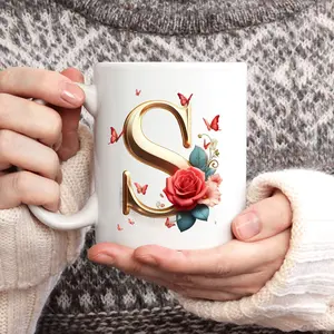 BPA-Free 11oz Ceramic Coffee Mug with Alphabet & Floral Design, 1pc - Microwaveable, Portable, Wide Mouth - Ideal for Various Festivals & Occasions