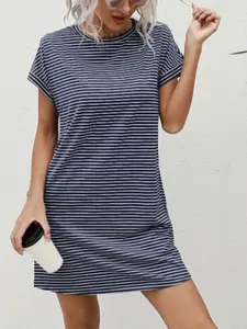 Women's Spring Summer Striped Print Round Neck T-Shirt Dress, Casual Fashion, Comfortable Fit, Perfect for Daily Wear, Stylish and Trendy