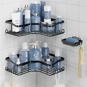 3 Count BLack Wall Mounted Shower Shelves, Bathroom Accessories Storage Corner Rack Set, Birthday Mother's Day Gift Idea #BlackFriday, Home Essentials Punch Free Organizer Hollow  Soap Spray Water Proof modern toilet