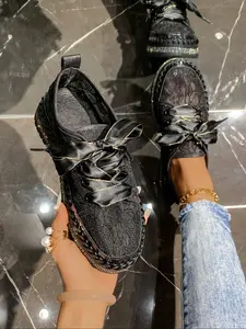 New Rhinestone Thick Sole Lace-Up Shoes for Women, Breathable Mesh Casual Sneakers Trainer, Elegant Textile Upper, All Seasons