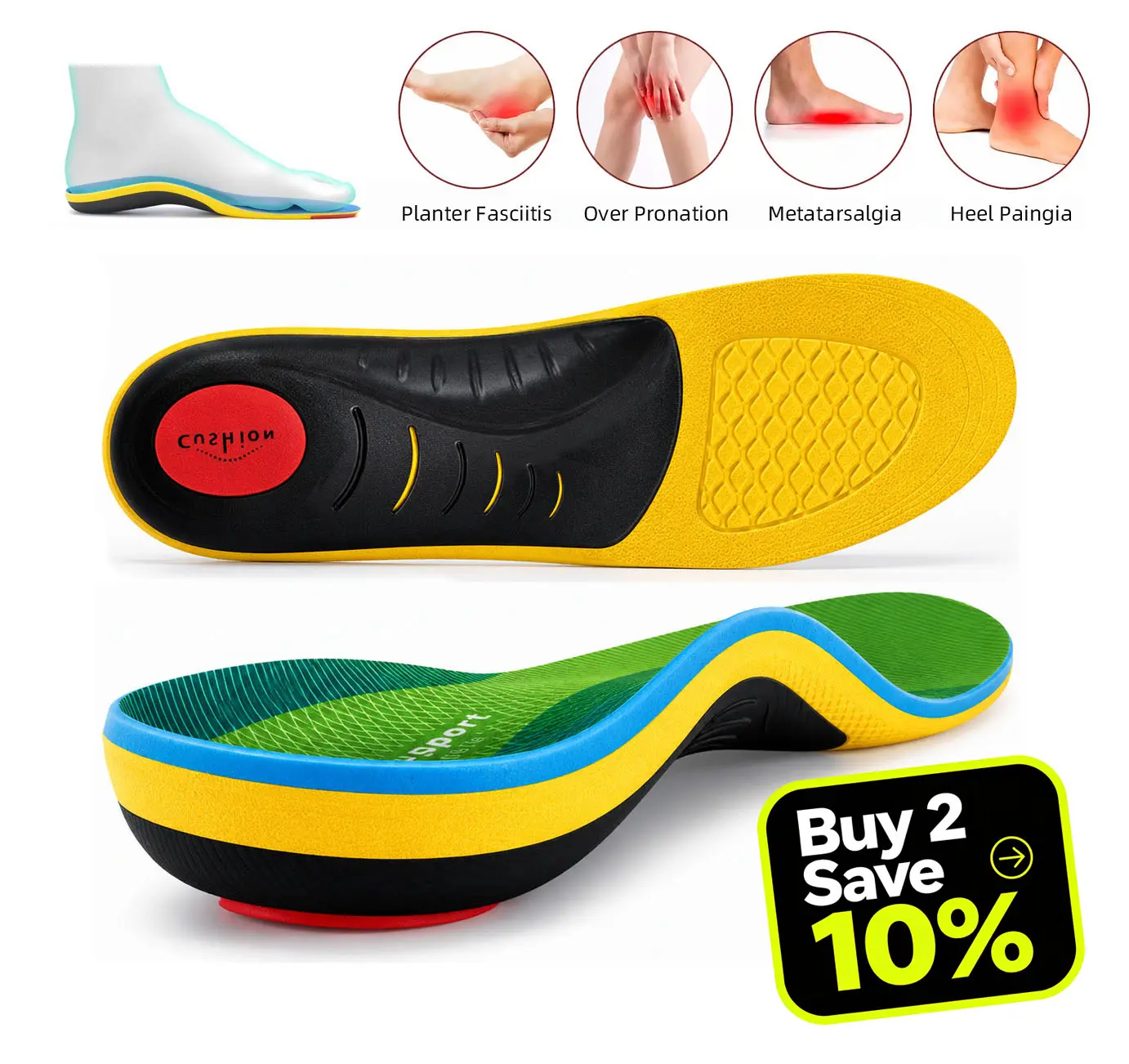 Heavy Duty Plantar Fasciitis Orthotics Insoles, 220+lbs Arch Support Inserts for Pain Relief, Flat Feet Inserts with Shock Absorption Green Footwear, Shoe
