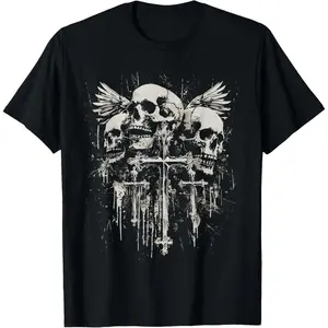 Skull Cross Y2K Goth Alternative Grunge Gothic Emo Style Cotton T-Shirt Featuring Religious Cross Print for Casual Wear