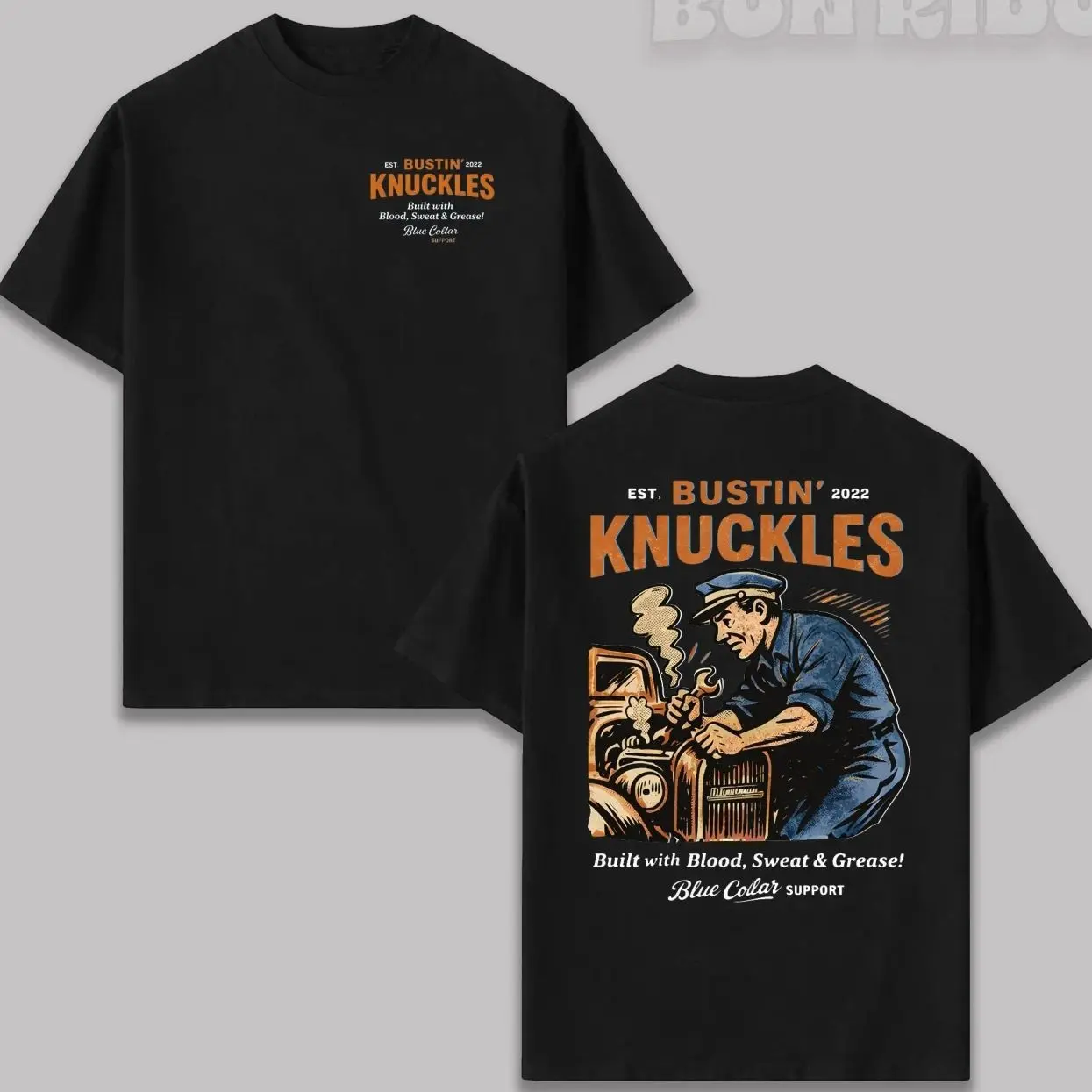 Bustin' Knuckles 2.0 Cotton Breathable Short-Sleeve T-Shirt, Vintage Mechanic Prints Graphic Top, Menswear Gift for Men ONU