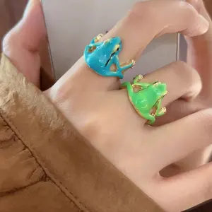 Green lucky frog ring jumping cute frog ring open adjustable ring