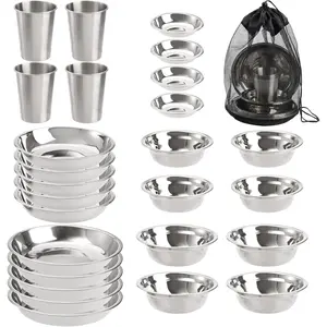 Stainless steel camping utensils, camping utensil set includes plates, bowls, cups, stainless steel cutlery suitable for camping, hiking, traveling, and picnics