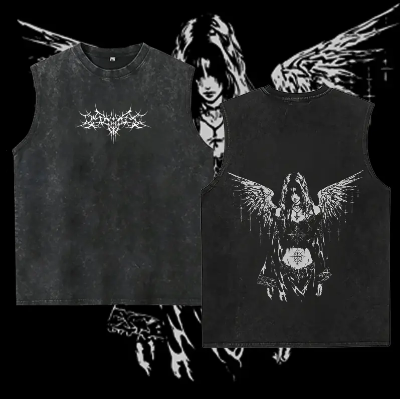 washed vest Y2K Gothic Angel Washed , Sad Angel  – Dark Aesthetic Streetwear, Menswear Oversized Tops, Gym Clothing, Clothes Gothic Y2K, Vintage Mens