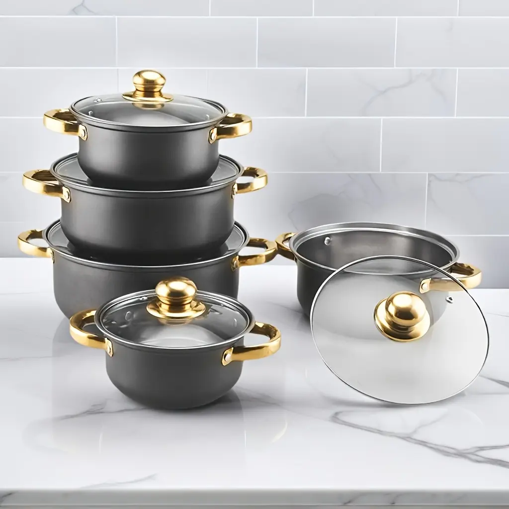 5-Piece stainless steel cookware set with lid - stainless steel cookware, Durable cookware, suitable for gas/induction cooker, stable stacking design, a must for home kitchens - soup pots, milk pots, sauce pots, etc, Pots With Handles