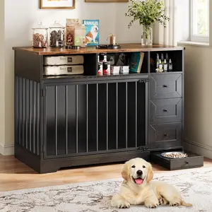 Large Dog Crate Furniture End Table – Heavy Duty Wooden Indoor Dog Kennel with Storage Drawers – Pull-Out Bowl & Lockable Door – Modern Farmhouse Style for Medium & Small Dogs