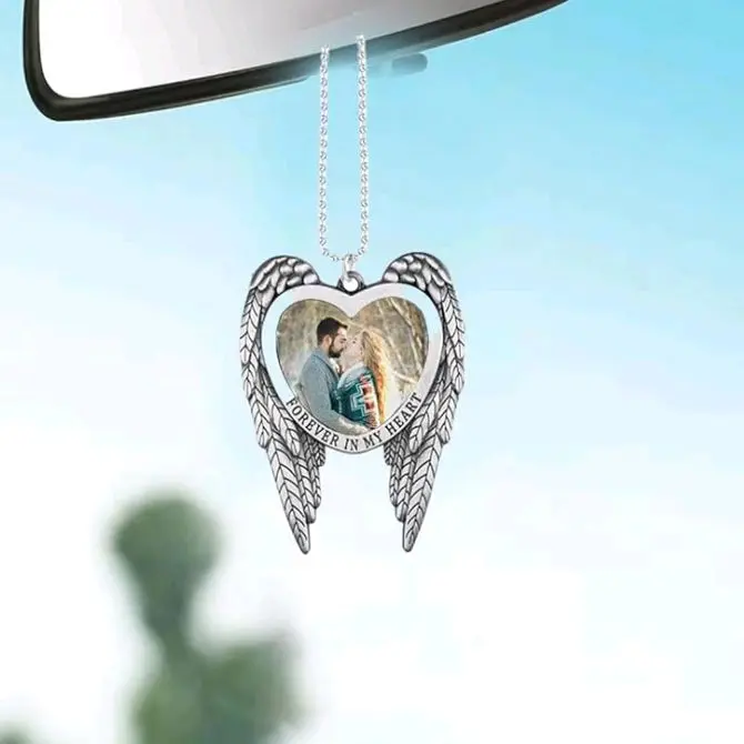 Personalized Angel Wing Heart Motorcycle Photo Ornament - Custom Memorial Gift with Loved Ones’ Photos, Automotive Decorative Accessories, Car Decor Gift, Motorcycle Mirror Accessory, Angel Wing Ornament, Personalized Angel Wing Ornament