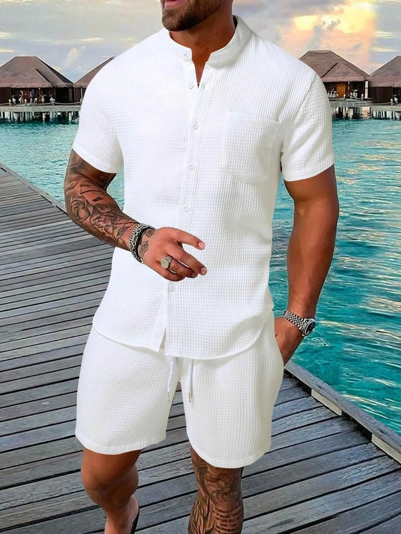 Two-Piece Set Men's Solid Pocket Back To School Shorts Set, Casual Button Front Shirt & Drawstring Waist Shorts for Beach Vacation, Men's 2 Piece Set,