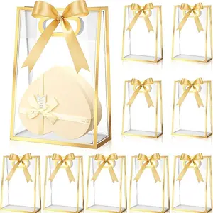 10 Pcs Clear Gift Bags with Handles - 18x26x8cm Waterproof PP Plastic Totes, Includes Ribbon Roll, Foldable Reusable Packaging for Wedding Favors, Christmas, Birthday, Baby Shower, Small Business, Valentine's Day (Gold/Black/Red/Blue/Pink)