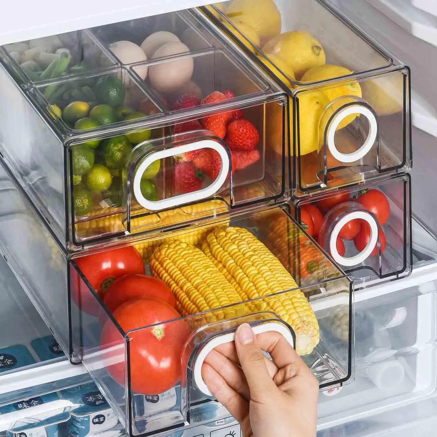 6 count Refrigerator Organizers And Storage Stackable Storage Drawers, Large Heavy Duty Fridge Organizer Bins Pull Out Refrigerator Organizer Bins, White Handle, 3 Drawers And 3 Small Cubes