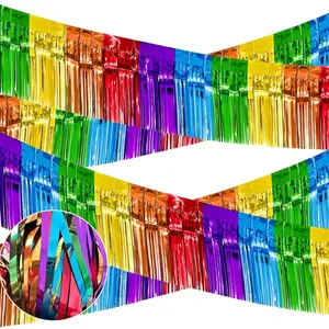 4 Pack 38*300cm Iridescent Rainbow Color Foil Fringe Garland Metallic Tinsel Banner Wall Hanging Drapes Parade Float Skirting Decorations for Trailer Mardi Gras Party Birthday Wedding Party Supplies