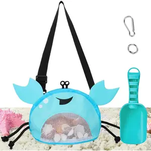 Mesh Baby Beach Bag Shell Collecting Bag with Shovel Crab-Shaped Adjustable Strap for Holding Shell Sea Pool Sand Toy, Blue