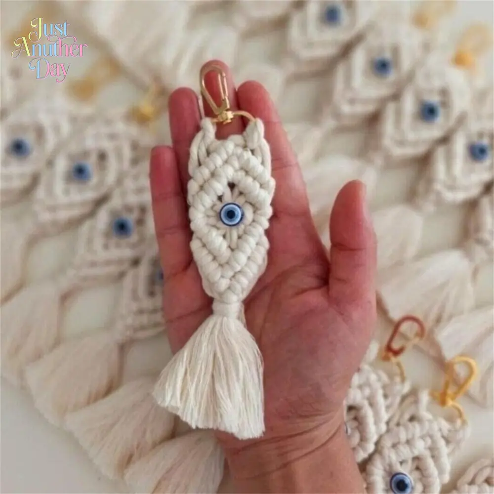 Handmade Macrame Evil Eye Keychain, Boho Woven Rope Accessory with Tassel & Gold Clasp, Turkish Protection Charm for Keys/Bags, Unique Handcrafted Gift for Her (Sports & Outdoor Camping Hiking Companion)