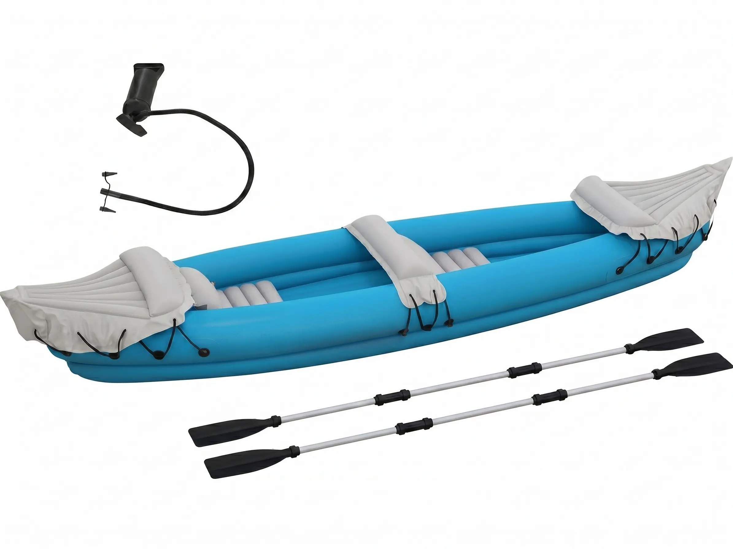 2 Person Inflatable Kayak, Tandem Blow Up Kayak with 11 Air Sections, 400 lbs Capacity, Includes 2 Aluminum Oars, Air Pump & Repair Kit, Portable Foldable Kayak for Lake River Fishing (Blue/Beige)