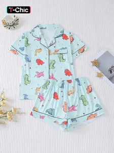 Women's Dinosaur Print Pyjama Set, Comfortable Fitted Shirt & Elastic Shorts, Casual Summer Sleepwear, Party Wear, Home Clothing, Loungewear