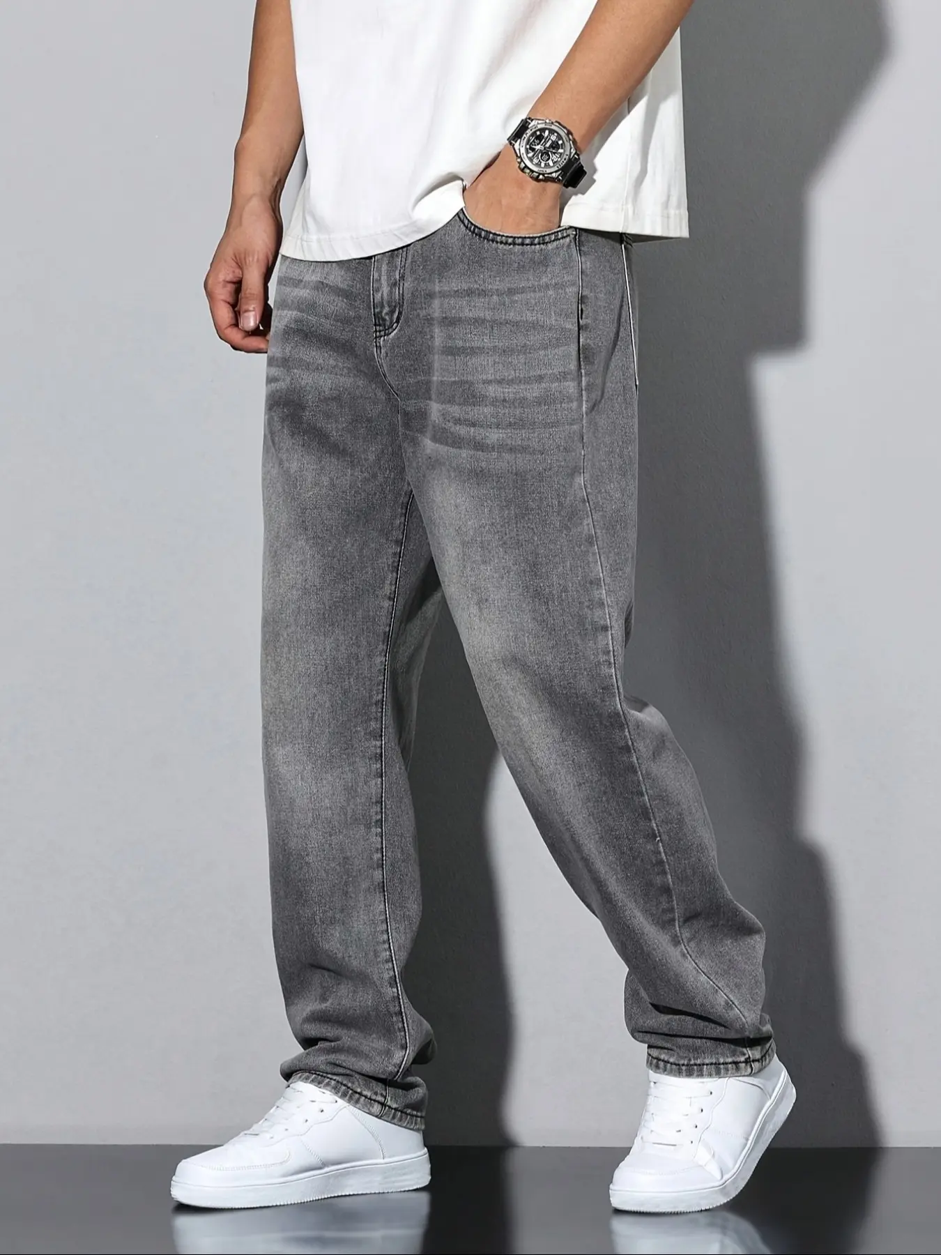 Unisex Solid Color Plain Straight-Leg Jeans with Slant Pockets, Cotton Jeans, Casual Versatile Washed Denim Pants, Couple Straight Fit Trousers