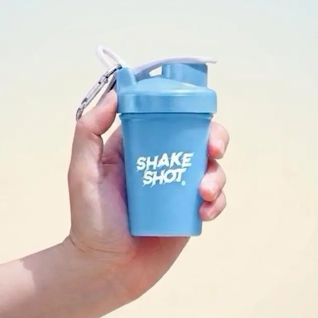 Shake Shot Blue Mini Shaker Bottle - 4 oz Pink BPA-Free Sports Bottle with Shaker Ball Mixer, Carabiner Clip, Portable for Creatine, Gym Bag, Travel, Veteran Owned Pre Workout Cup