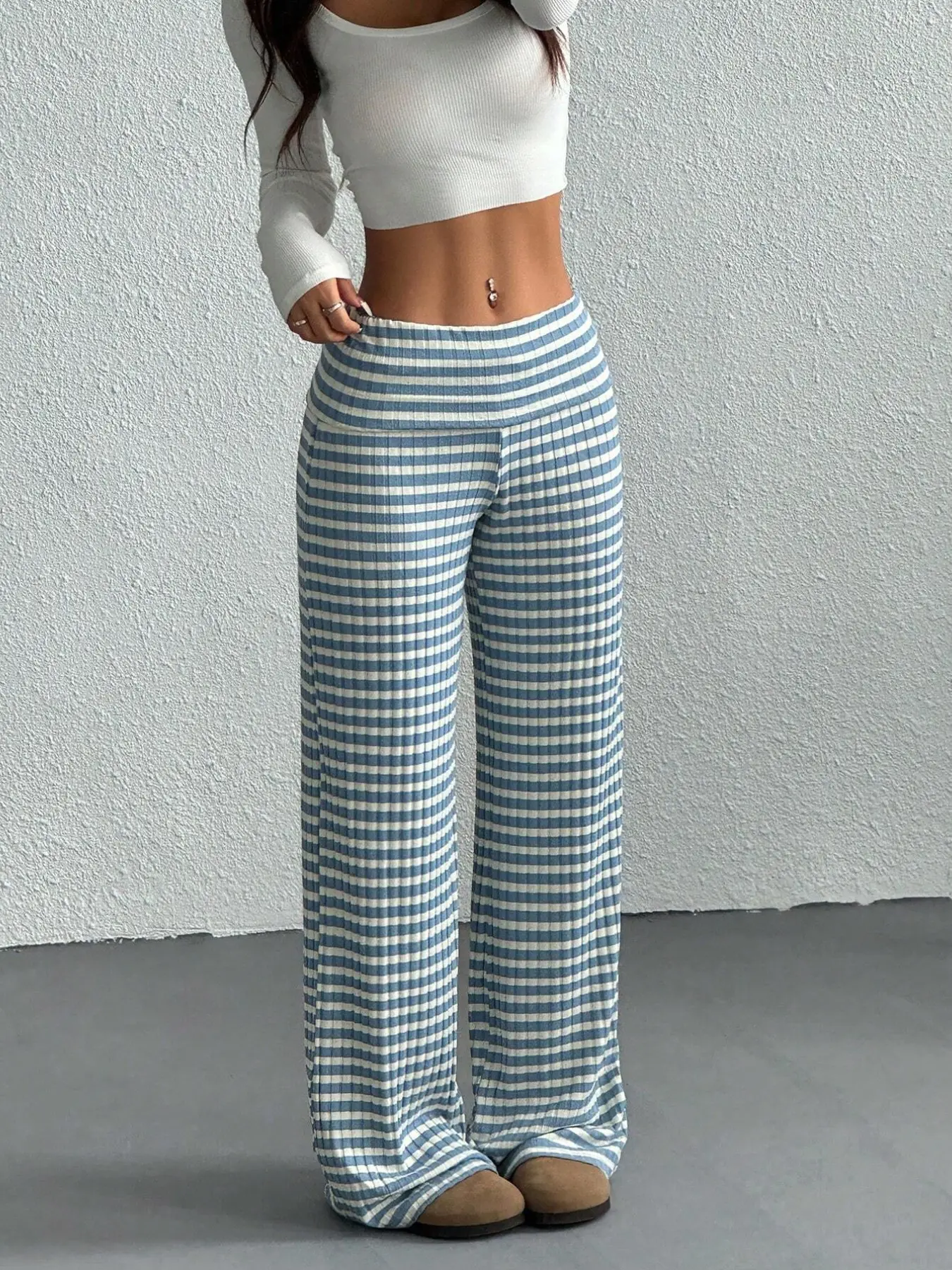 Viral Y2K Plaid, Striped Ribbed Wide Leg Pants, Casual Fashion Pants, High Waist Stretchy Comfy Trousers for Streetwear & Loungewear, Baggy Fit Perfect for Casual Daily Outfits, Casual Loose Pants, Bottoms for Womenswear