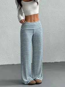 Viral Y2K Plaid, Striped Ribbed Wide Leg Pants, Casual Fashion Pants, High Waist Stretchy Comfy Trousers for Streetwear & Loungewear, Baggy Fit Perfect for Casual Daily Outfits, Bottoms for Womenswear