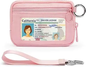 Beige Mini Zip Card Case for Women with Clear ID Window, Coin Purse, Lightweight Small Zipper Wallet,Portable Organizer(pink) Free Express