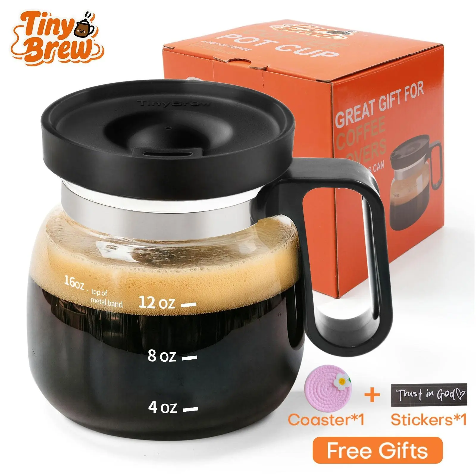 Tiny Brew 16 oz Glass Coffee Mug with Lid and Coasters and Decorative Sticker, Heat-Resistant Coffee Pot-Shaped Cup with Measurement Marks and Ergonomic Handle, Novelty Gift for Coffee Lovers