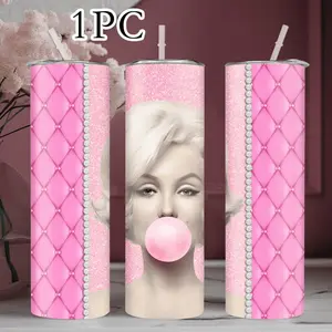 1pc 20oz stainless steel water bottle tumbler, printed with Marilyn Monroe pink bubble gum design straw cup, Drinkware Stylish Flasks, suitable for fitness, travel, driving, daily use at home, gifts for family and friends