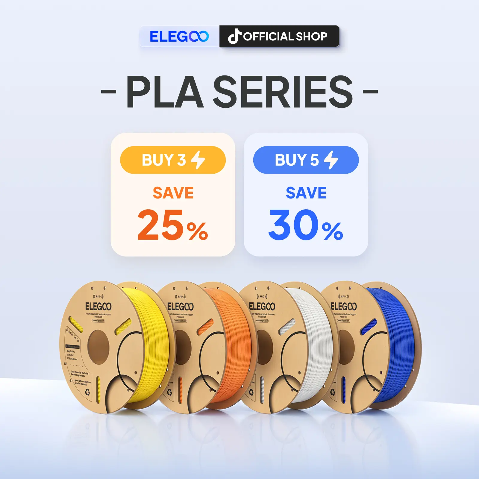 ELEGOO Polylactic Acid (PLA) Series Filament 1.75mm, Eco-Friendly Biodegradable Cardboard Spool, Mix & Match Bundle Sale, Exceptional Dimensional Accuracy, FDM 3D Printer Compatible, Print Farm Wholesale Pack, Ideal for Beginners, tiktokshopbacktoschool,